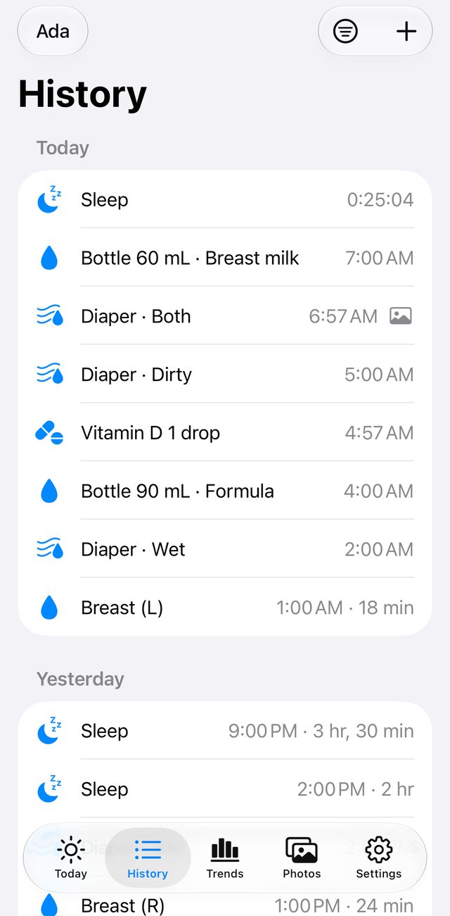 History list of feeds, diapers and sleep, newest first